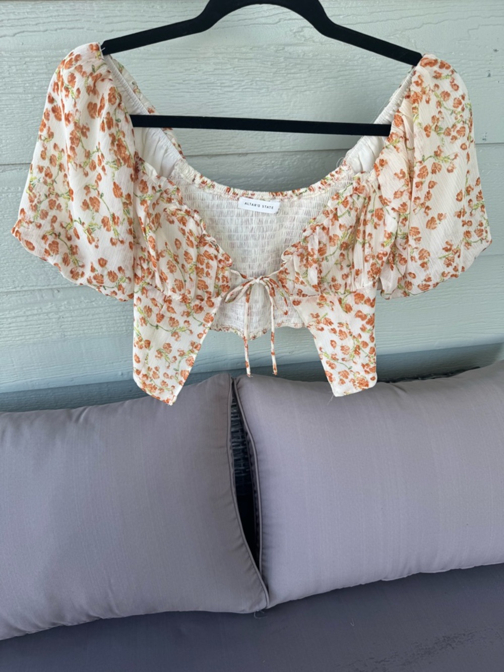 Altar'd State Cream Floral Tie-Front Puff Sleeve Top